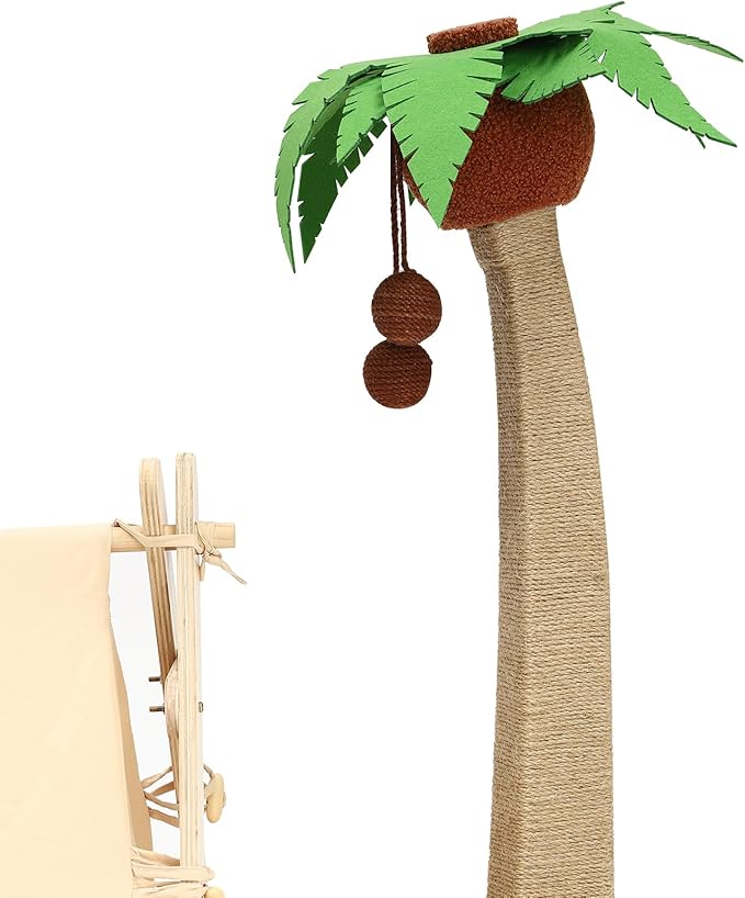 Coconut Tree Cat Tree Cat Scratching Post with Jute Rope for Indoor Cats Cozy Tent House and Hanging Balls for Kittens