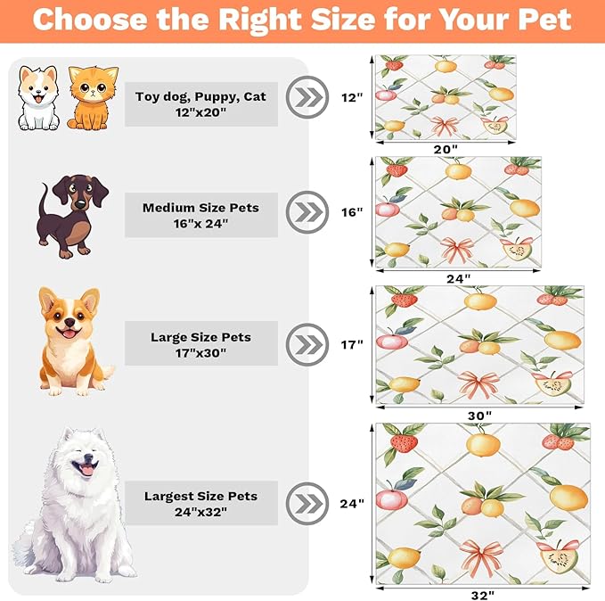 Cute Bow Dog Food Mat for Floors Absorbent Dog Bowl Mat for Food and Water Dispenser Quick Dry Cat Food Placemat Pet Supplies 16" x 24", Bow Lemon Strawberry