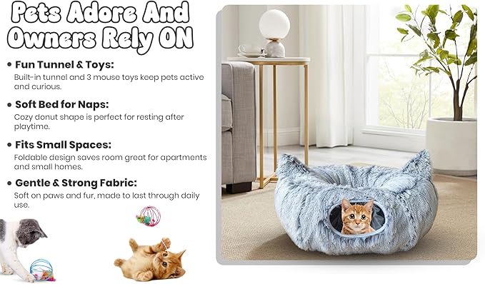Cat Donut Tunnel Bed with 3pcs Mouse Ball Toy - Cat Tunnel for Under Christmas Tree & Cat Tunnel Bed Cave - Soft cat cave Bed – 3-in-1 Cat Tunnels for Indoor Cats, Kittens, Puppies, Rabbits (Grey)