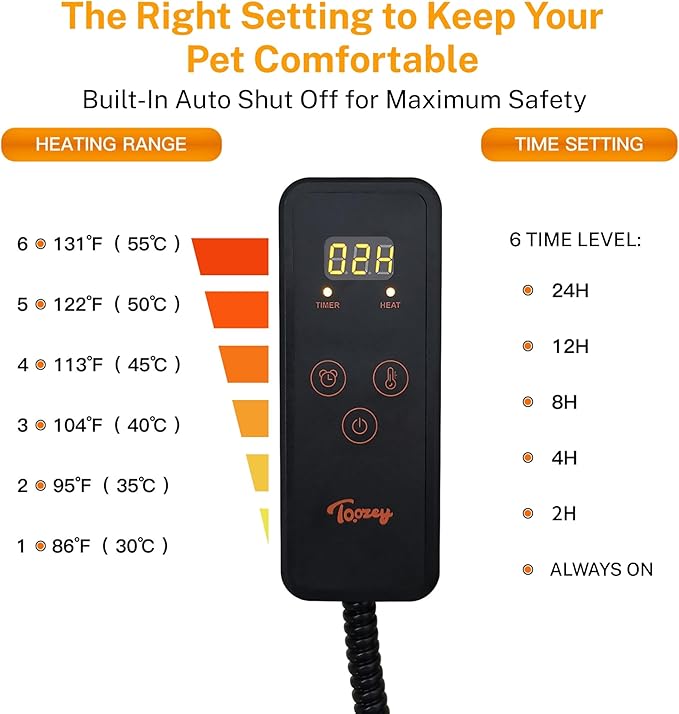 Toozey Pet Heating Pad, 6 Adjustable Temperature Dog Cat Heating Pad with Timer, Waterproof Heated Cat Bed with Chew Resistant Cord, Indoor Electric Pet Heated Mat 18x16in