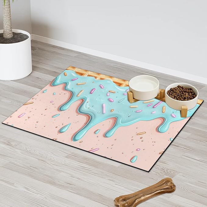 Teal Ice Cream Dog Food Mat for Floors Absorbent Dog Bowl Mat for Food and Water Dispenser Quick Dry Cat Food Placemat Pet Supplies 16" x 24", Waffle