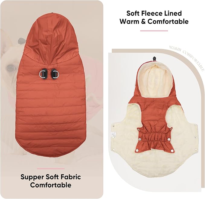 Fleece Lining Dog Hoodie with Harness Built in,Extra Warm Small Dog Jacket in Winter Puppy Coats with Drawstring Hooded,Orange XS