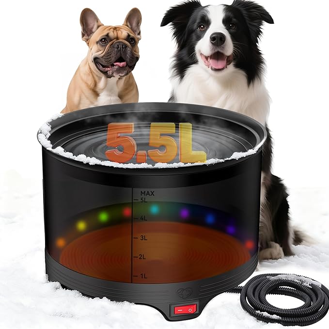 5.5L Heated Water Bowl, 1.45Gal Winter Large Heated Dog Bowls for Outside, Outdoor Waterproof Heat Pet Water Bowl with Chew Resistant Power Cord & LED Neon for Dogs/Cats/Chickens/Ducks