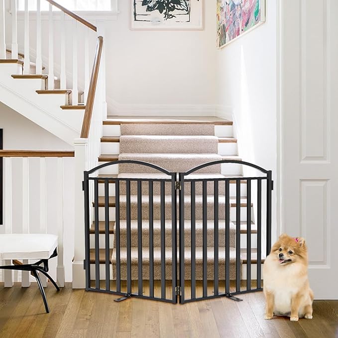 Malier Metal Freestanding Dog Gates, 32'' Height Outdoor Indoor Dog Fences, 48'' Extra Wide Pet Gate, Foldable Puppy Free Standind Tall Pet Gate for Stairs, Hallways, Doorways, Yard (Black 2 Panels)