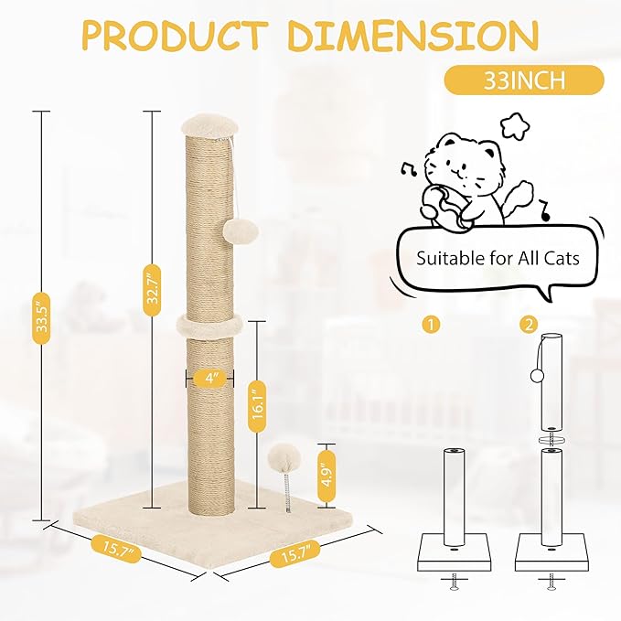22 Inch Cat Scratching Post Cat Scratcher, Natural Sisal Rope Scratch Post Trees with Hanging Ball for Indoor Kittens
