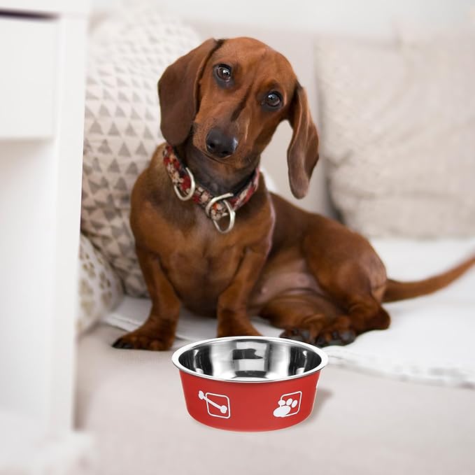 Stainless Steel Dog Feeding Bowl Non-Skid Medium Size Brick Red Pet Food and Water Dish for Household Use Puppy Feeder Spill-Proof Pet Supply