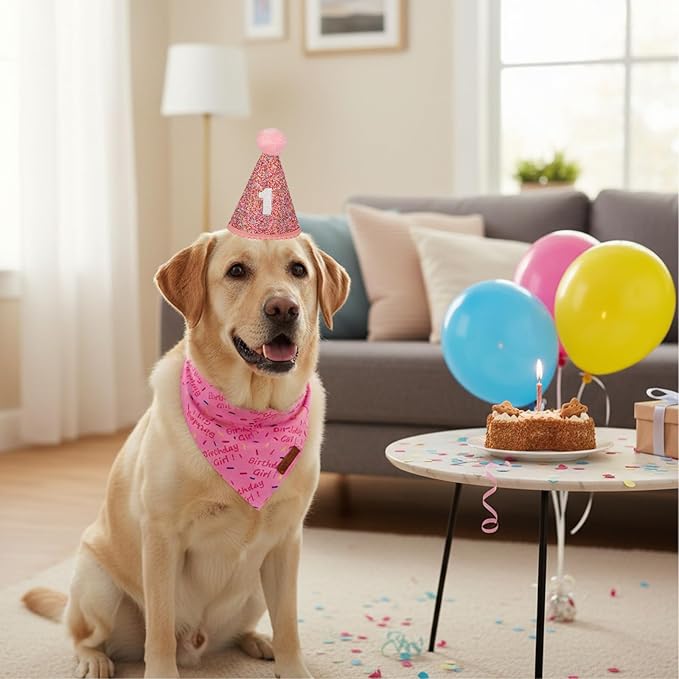 PTDECOR Dog Birthday Party Supplies, Pink Birthday Girl Bandana, Glitter Dog Birthday Hat with Numbers for Large X-Large Dogs Pets (X-Large)