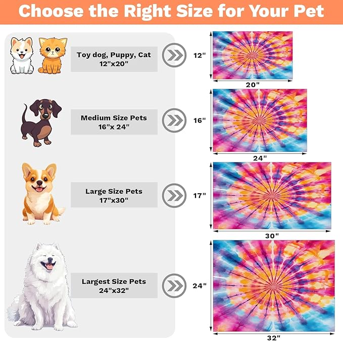 Tie Dye Dog Food Mat for Floors Absorbent, Quick Dry Water Dispenser Mat for Food, Water, Pet Supplies 24" x 32", Boho Colorful