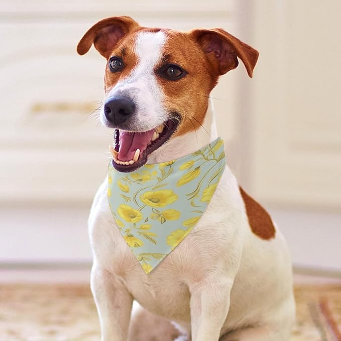 Dog Bandana Spring Pet Scarf Adjustable Triangle Yellow Flower Printing Dog Bib Washable Polyester Puppy Bandana for Small Medium Large Dogs Cat Birthday Party Supplies