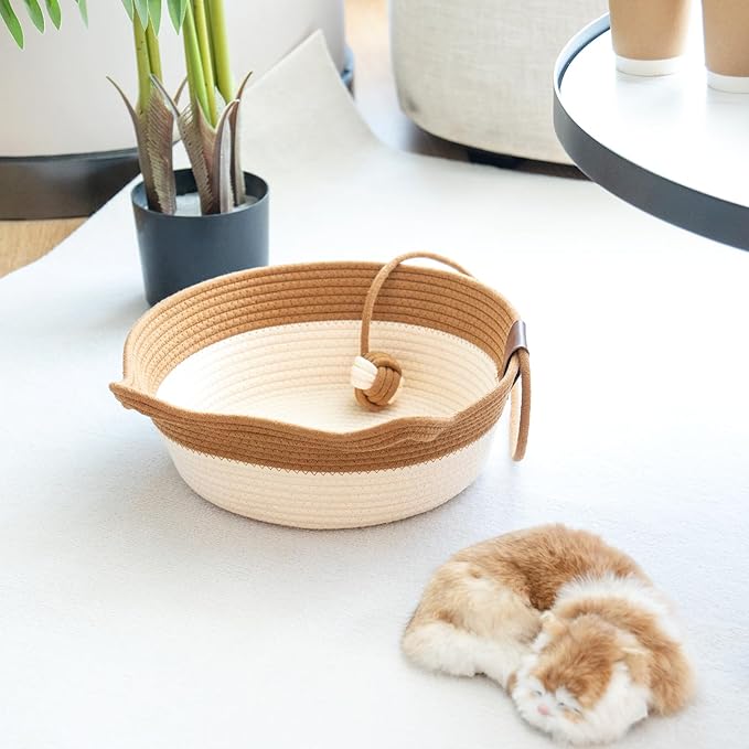 Cotton Rope Handwoven Pet Bed, Round Cat Nest,Pet Sleeping Bed with a Playing Rope Ball, Multifunctional Durable Pet Bed for All Seasons Home Indoor Cats Small Dogs Supplies(Brown & Light Pink ,S)