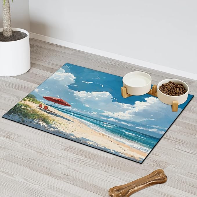 Beach Scene Dog Food Mat for Floors Absorbent, Quick Dry Water Dispenser Mat for Food, Water, Pet Supplies 12" x 20", Summer Seaside