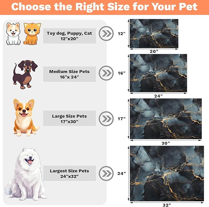 Black Marble Dog Food Mat for Floors Absorbent, Quick Dry Water Dispenser Mat for Food, Water, Pet Supplies 24" x 32", Abstract