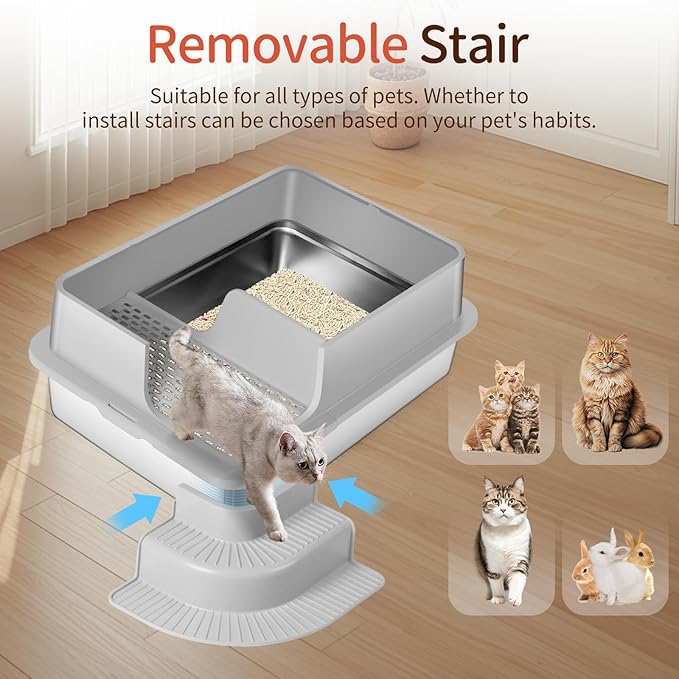 XXXL Stainless Steel Litter Box, 28"x20"x12" Extra Large Semi Enclosed High Sided Metal Cat Litter Box with Filtered Grid, Step, Scoop, Non-Sticky, Non-Odor, Easy Cleaning (Light Gray)