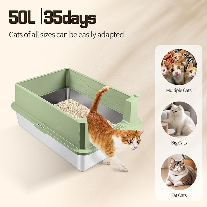 Extra Large Stainless Steel Litter Box, XXXL 27.6" H x 19.7" W x 11.8" H Metal High Sided Cat Litter Box with Scoop, Leak-Proof, Easy Clean for Big Cats/Multiple Cats (Green)