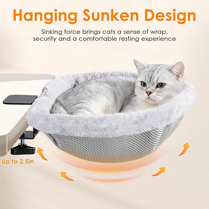 Cat Desk Bed with 2 Nests, One-Click Folding & Hanging Desk Cat Bed Attachment with Washable Winter & Summer Dual Nests, Cat Hammock Supports Large Cats up to 33lbs, Light Grey