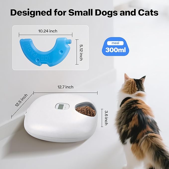PetPrime 6-Meal Automatic Cat Feeder with Two Ice Packs,Cordless Rechargeable Cat Food Dispenser for Cats and Small Dogs Wet Food Auto Pet Feeder White