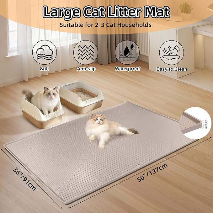 Silicone Cat Litter Mat, 50" x 36" Extra Large Litter Trapping Mat for Litter Box, Leak-Proof, Non-Slip, Kitty Litter Mats with Soft Texture for Floor, Keeping The Floor Clean (Khaki)