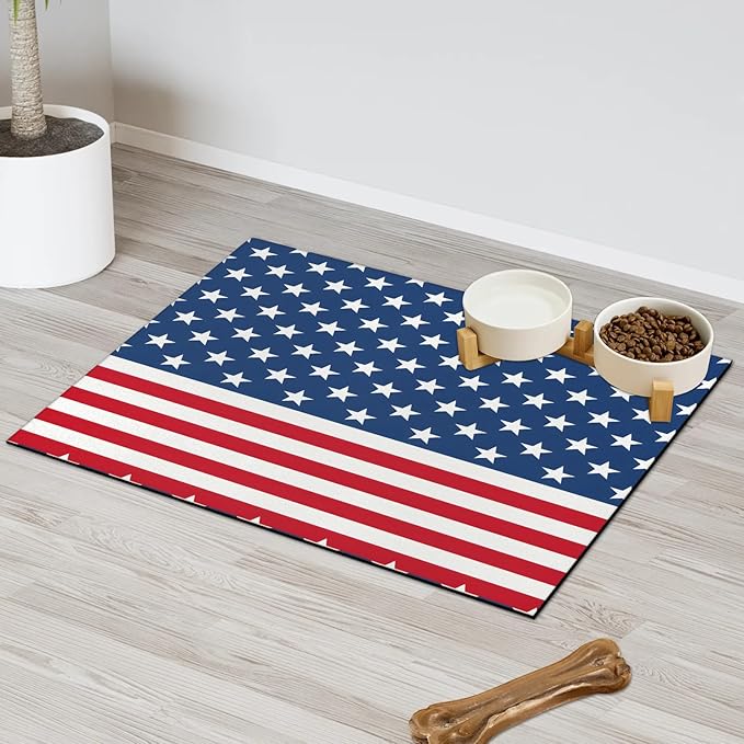4th of July Dog Food Mat for Floors Absorbent Dog Bowl Mat for Food and Water Dispenser Quick Dry Cat Food Placemat Pet Supplies 17" x 30", Stars Stripes