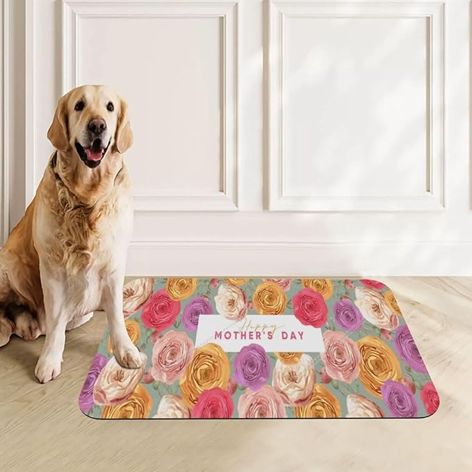 Dog Food Mats for Floors Absorbent Pet Cat Food Mat Happy Mother's Day Floral Gift for Mom Gp Non Slip Dogs Bowl Mats Water Dog Placemats Feeding Mat Pet Supplies 18X12In