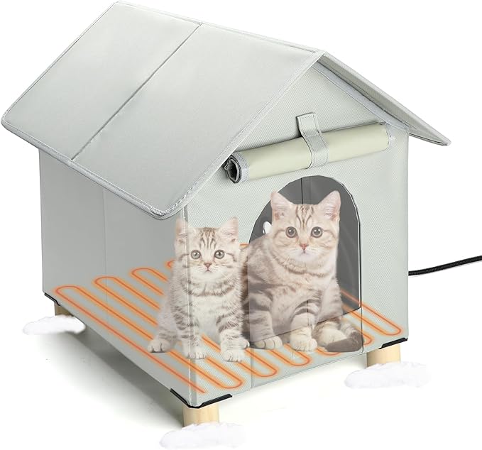 BWOGUE Elevated Heated Cat House for Outdoor Cats in Winter, Waterproof & Insulated Feral Cat Shelter for Outside Cats,Weatherproof Feral Cat House for Outside (Grey, L)