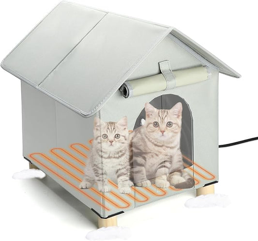 BWOGUE Elevated Heated Cat House for Outdoor Cats in Winter, Waterproof & Insulated Feral Cat Shelter for Outside Cats,Weatherproof Feral Cat House for Outside (Grey, L)