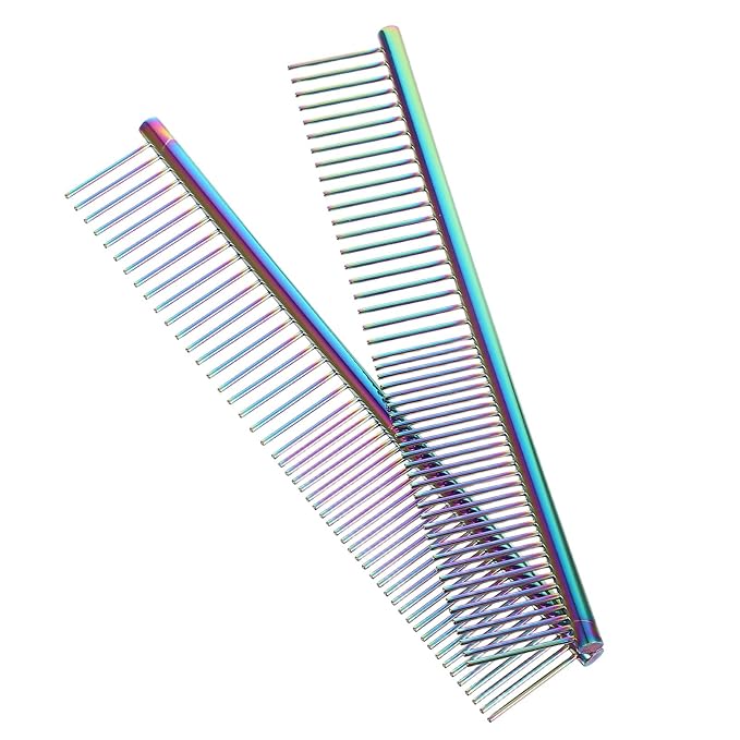 DECHOUS 2pcs Pet Cat Grooming Comb and Dog Comb Metal Set Stainless Steel Fine Teeth for Tangle Removal Professional Pet Grooming Tool for Cats and Dogs