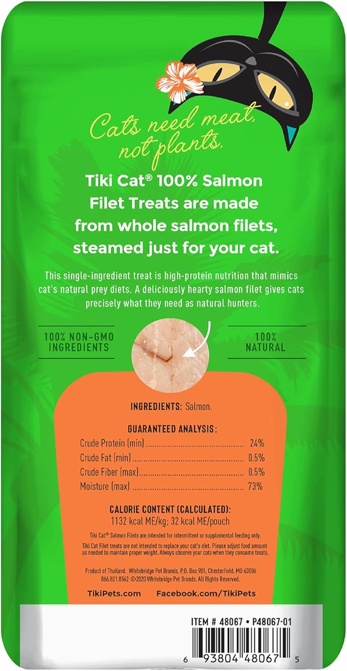 Tiki Cat Filet, All Natural Wild Caught Salmon, Single Ingredient High Moisture Non-GMO Wet Cat Food Topper, for All Life Stages, 1 oz. Pouch (Pack of 12)