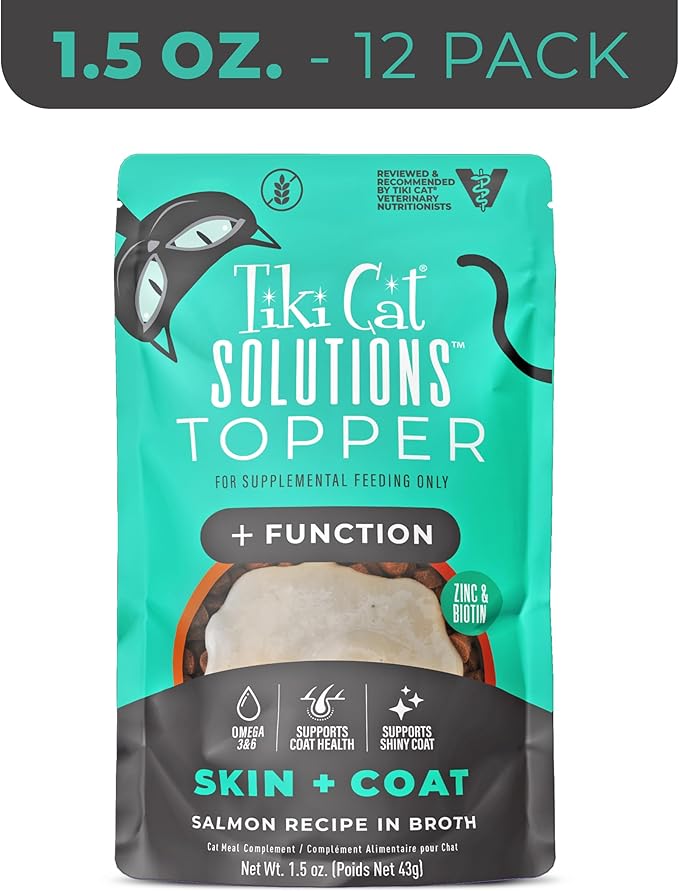 Tiki Cat Solutions Topper Multipack, Skin Coat, Salmon Recipe in Broth, 1.5 oz. Pouch (12 Pack)