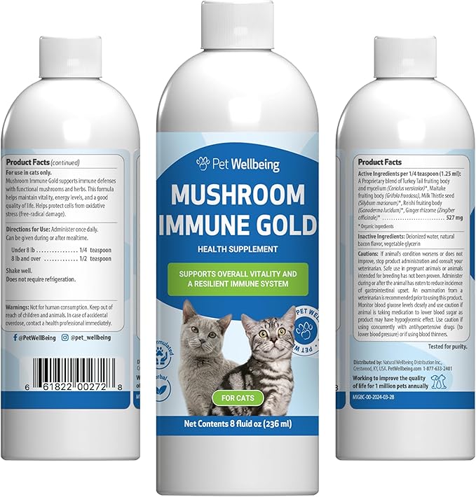 Pet Wellbeing Mushroom Immune Gold for Cats - Complementary Immune Support with Functional Mushrooms Reishi, Maitake & Turkey Tail - NASC Certified & Vet-Formulated - 8 oz Liquid Formula