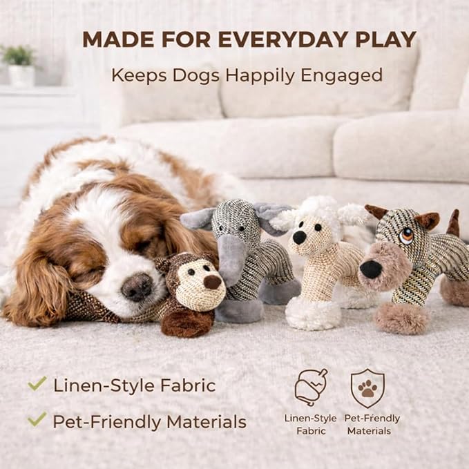 Pet Lori Linen Safari Companions with Squeaker & Crinkle - Durable Chew-Resistant Plush Toy for Small & Medium Dogs, Anxiety Relief & Teeth Cleaning, Fun Elephant & Lion Animal Shapes (Monkey)