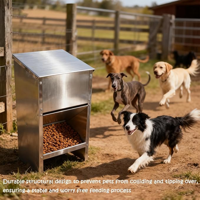 Dog Food Feeder for Kibble - (Stainless Steel Natural Color Anti-Corrosion) - Automatic Food Dispenser Gravity Self Feeding Outdoor for Medium, Large Dog Breedss - 50Lbs New Upgrade