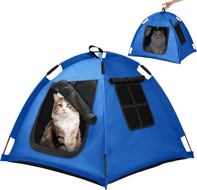 Portable Pet Tent with Full-Enclosure Zippered Mesh Door, Indoor & Outdoor Cat House for Safety & Ventilation, Cozy Nest for Cats, Puppies & Small Animals (Blue)