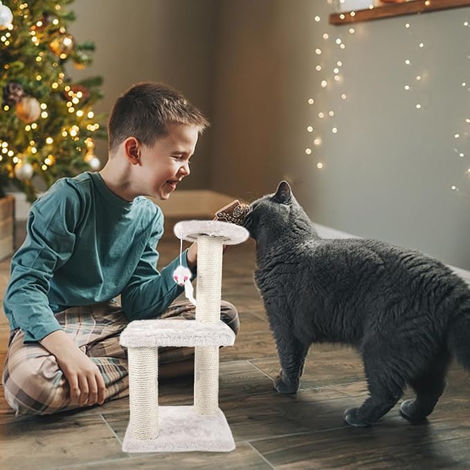 Cabilock Large Beige Cat Scratching Post with Sisal Rope 3-Layer Vertical Cat Tree for Indoor Use Multi-Level Kitten Scratcher and Activity Tower