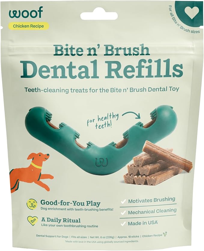 WOOF - Bite n' Brush Refills for The Dog Toothbrush Toy - Scrub Plaque and Tartar from Your Dog's Teeth and Mouth - Dog Dental Chew Toy Treats - Approximately 16 Refills - Chicken