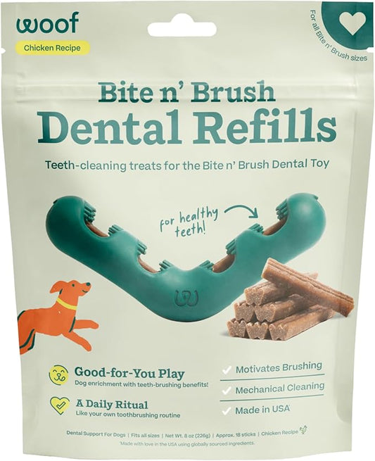 WOOF - Bite n' Brush Refills for The Dog Toothbrush Toy - Scrub Plaque and Tartar from Your Dog's Teeth and Mouth - Dog Dental Chew Toy Treats - Approximately 16 Refills - Chicken