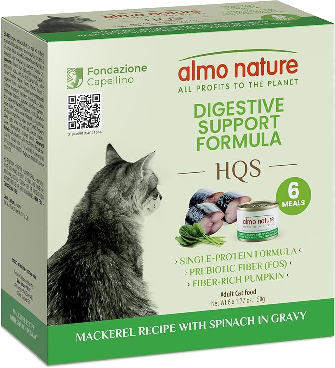 almo nature Supportive Formulas Digestive Support Formula HQS Flaked Mackerel & Spinach in Gravy Wet Cat Food, 1.77-oz can, case of 6