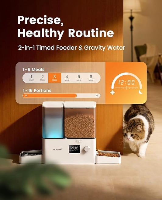oneisall Automatic Cat Feeder and Water Dispenser, Cat Food Dispenser 36Cups/8.5L, 2-in-1 Large Capacity 5L Cat Feeder and 3.5L Gravity Water Dispenser for Pets, Timed Cat Feeder for Dry Food