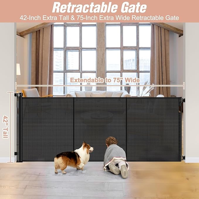 Reinforced 42" Tall x 75" Wide Retractable Baby Gate with Support Rods - Prevents Crawling Under Extra Tall Pet Gate Indoor Mesh Gate Outdoor Long Baby Gate Tall Dog Gates for Doorways, Black