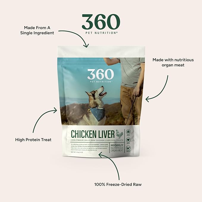 360 Pet Nutrition Freeze Dried Multi Protein Complete Meal for Adult Dogs, High Protein, Omega 3's, No Fillers, Made in The USA + Chicken Liver Treat