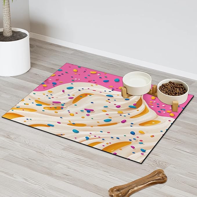 Ice Cream Dog Food Mat for Floors Absorbent Dog Bowl Mat for Food and Water Dispenser Quick Dry Cat Food Placemat Pet Supplies 12" x 20", Colorful Dessert