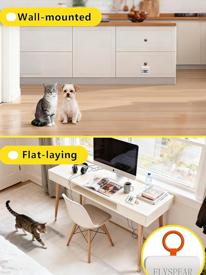 FLYSPEAR Wireless Cat Barrier - Rechargeable Indoor Barrier with 6 Adjustable Range Radius up to 7 ft, 6 Adjustable Safe Static Intensity, Electric Fence System for Cats Small Dogs with Hook (White)