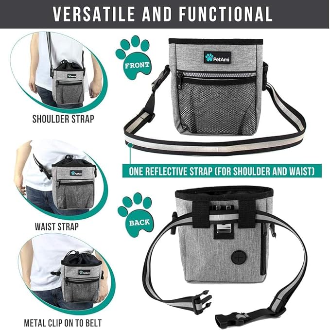 Dog Treat Pouch, Pet Treat Pouch for Training, Dog Walking Bag Holder for Kibbles, Pet Food Toy, Dog Trainer Essentials Supplies, Heather Gray/One Size