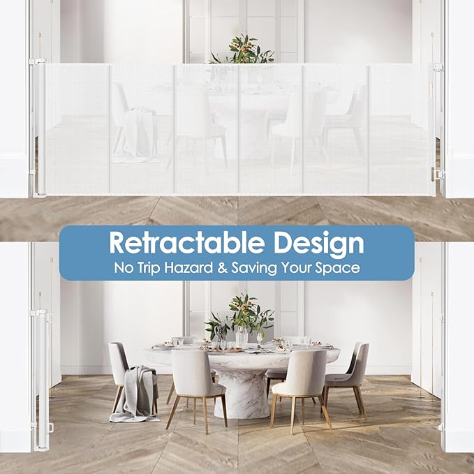 Reinforced 75” Wide Retractable Baby Gate with Support Rods, Upgrade Extra Long Retractable Dog Gates for Doorways Extra Wide Mesh Baby Gate Retractable Pet Gate for Stairs Child Safety Gate(White)