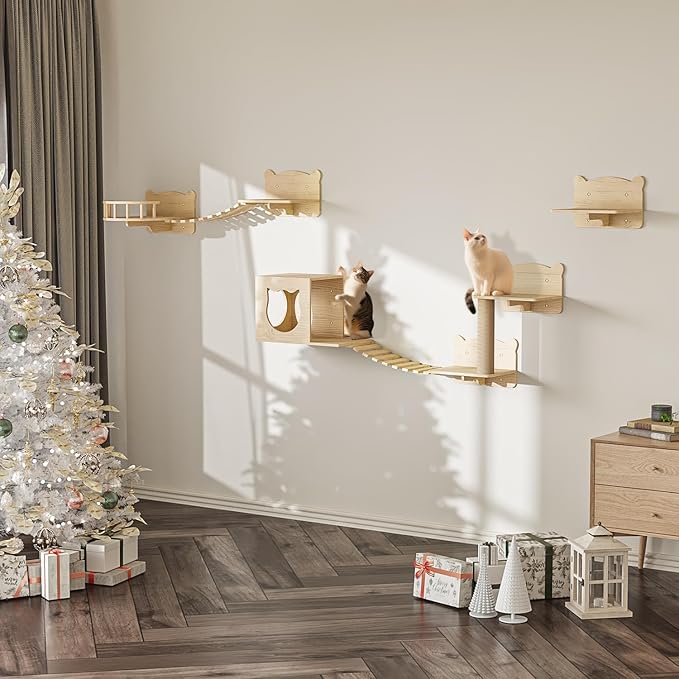 LEMBERI Cat Wall Shelves, Wooden Feline Furniture, 9 Pcs Set Wall Mounted Cat Shelves with Bed, House, Steps, Bridge Ladder and Scratching Post for Indoor Climbing, Sleeping, Playing