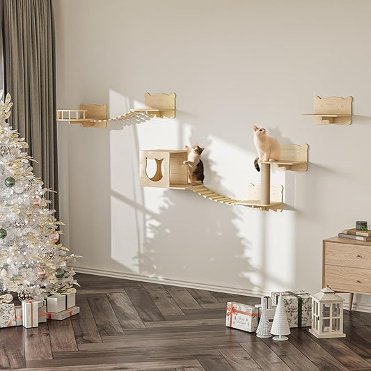 LEMBERI Cat Wall Shelves, Wooden Feline Furniture, 9 Pcs Set Wall Mounted Cat Shelves with Bed, House, Steps, Bridge Ladder and Scratching Post for Indoor Climbing, Sleeping, Playing