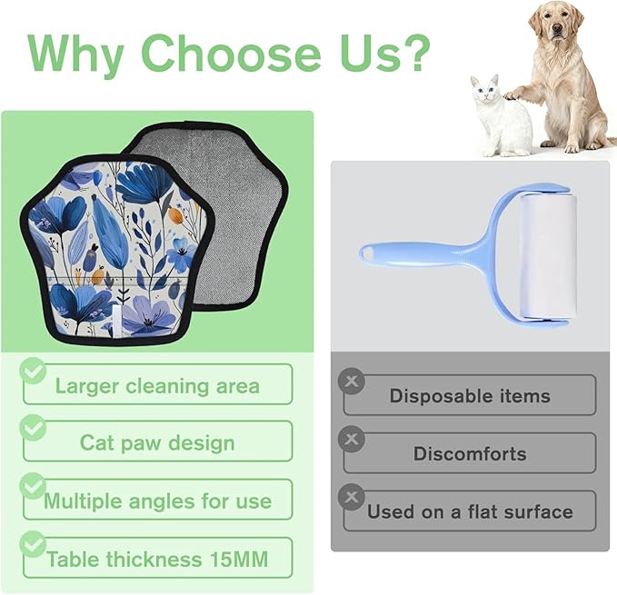 Reusable Pet Hair Removal Glove Blue Flowers Floral Magic Brush for Cat & Dog Hair Remover for Car, Sofa, Bedding, Clothes - 9x9 Mitt Washable