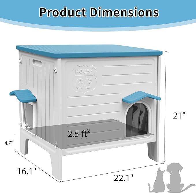 Rockever Insulated Outdoor Cat House, Waterproof Cat House for Outdoor Cats with Escape Door, Plastic Feral Cat House Outdoor Indoor, Spacious and Clean Easily (Blue,M)