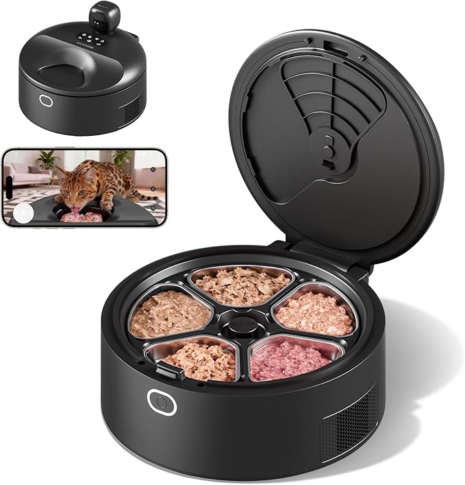 Automatic Cat Feeder Wet Food for 5 Meals, Semiconductor Cooling & Pre-Heating Pet Food Dispenser with Night Vision Camera, App-Control Auto Cat Feeder with Food-Grade Stainless Tray (Black)