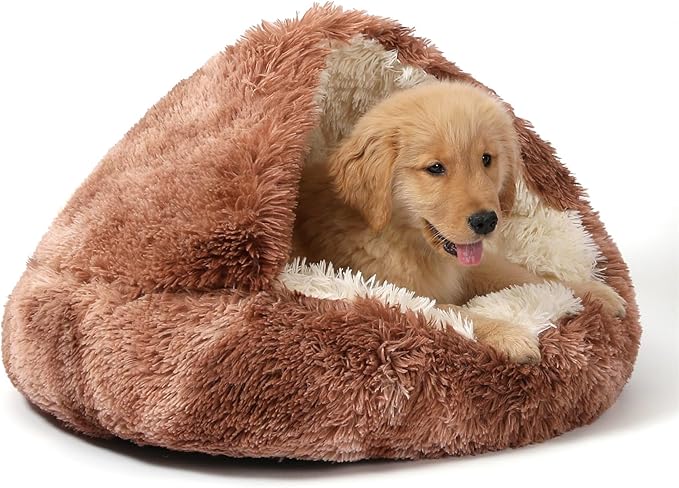 NOYAL Round Hooded Donut Dog Bed for Small & Medium Pets - Plush Fluffy Anti-Anxiety Cat Cave Bed with Cover