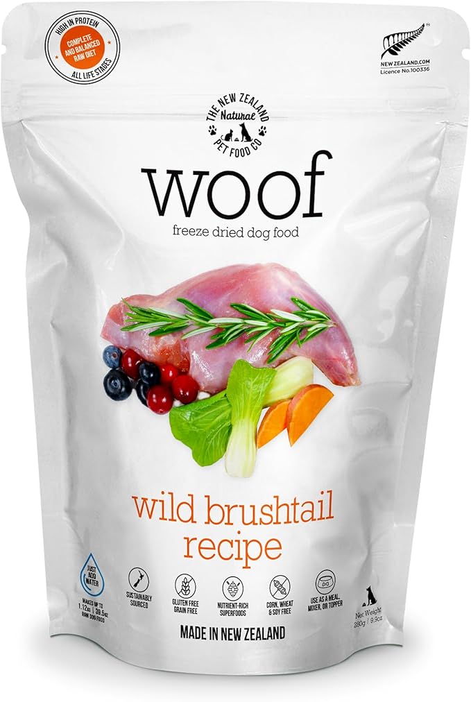 The New Zealand Natural Pet Food Co. Woof Wild Brushtail Freeze Dried Raw Dog Food, Mixer, or Topper, or Treat - High Protein, Natural, Limited Ingredient Recipe - 9.9 oz